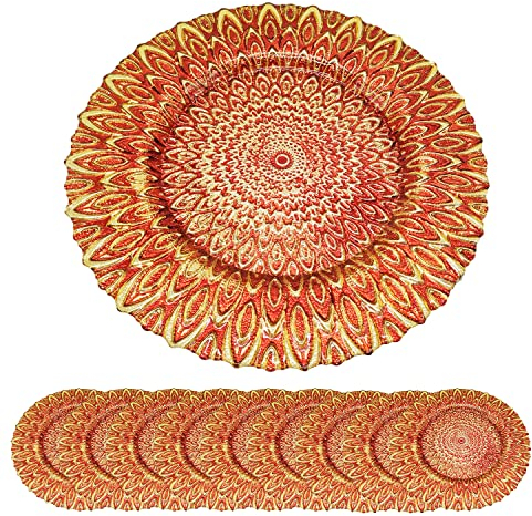 Trimming Shop Decorative Charger Plates for Parties, Peacock Design Glass Plates for Dinner Table Decoration, Weddings, Birthday, Party, Tableware, Catering Events, 33cm, Red, 12pcs