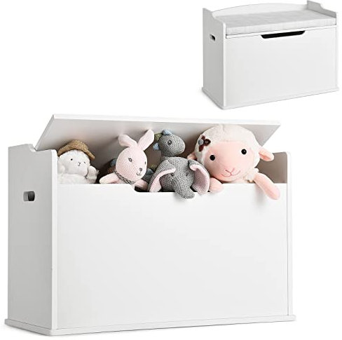 Maxmass Wooden Kids Toy Box, 2-in-1 Children Storage Chest with Cushion, Lid and Safety Hinges, Toddlers Organizer Cabinet Bench for Living Room, Bedroom, Playroom (White)