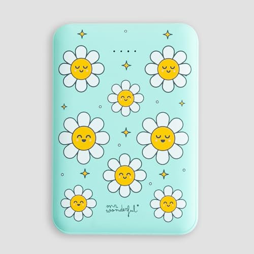 Mr.Wonderful - Batería Externa para Móviles - Diseño Margaritas - 2 Puertos USB para Cargar 2 Dispositivos - Formato Compacto - De 2 a 3 Cargas Completas - 5000 mAh