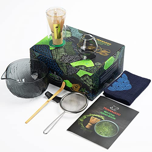 TEANAGOO Matcha Whisk (7pcs) Matcha Set Mtacha Kit Matcha Bowl with Pouring Spout Bamboo Matcha Whisk (Chasen) Scoop (chashaku) Whisk Holder. N22,Dark Grey Glass, Matcha Green Tea Powder