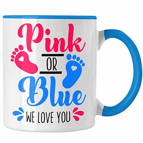 Trendation - Tasse Gender Reveal Geschenk Pink Or Blue We Love You Baby Überraschung (Blau)