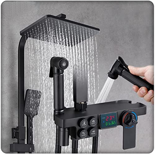 Thermostatisches Duschsystem in Schwarz, Temperaturanzeige, Duschkopf mit Handbrause, Duscharmatur-Set, Regenduschkopf mit Handbrause, Wannenarmaturen-Sets, Hand-Bidetbrause und 1,5 m Brauseschlauch