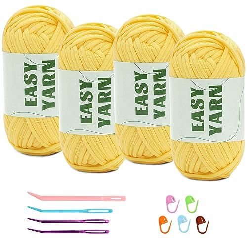 4 Stück Gänsegelbes Garn, Häkel- und Strickgarn für Anfänger, gut Sichtbare Maschen, Grobes, Dickes Baumwoll-Nylon-Mischgarn, Garn Zum Häkeln mit Häkelzubehör (4 X 50 g)