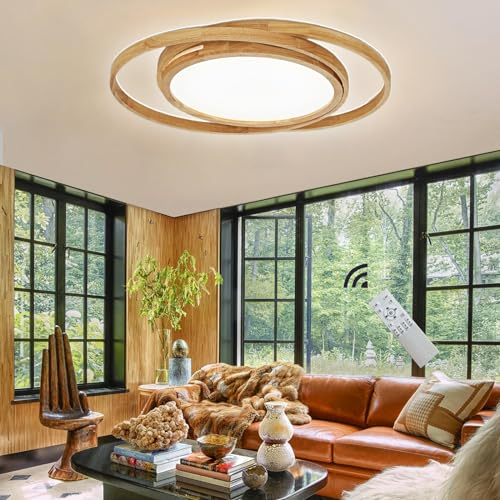 GHiycotdl Deckenleuchte Holz, 62cm 2 Runde Ringe Deckenlampe Holz,Modern Dimmbar Mit Fernbedienung Lampe Für Schlafzimmer, Wohnzimmer, KüChe, Esszimmer, Korridor, Zuhause, BüRo, Kinder