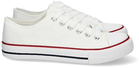 shoes&blues.es 74780-Zapatilla Plana de Mujer, Comoda, con Material de Lona, Estilo Bamba Casual, y Cierre de Cordones. Talla 38 Blanco