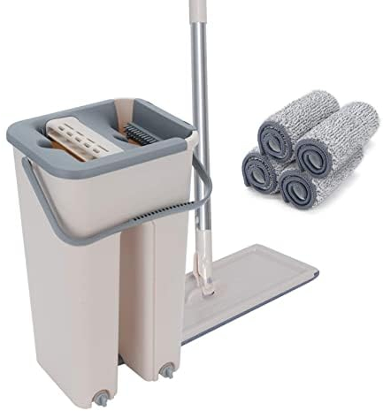 Supernic Mop and Bucket Set, Floor Mop and Bucket with 4 Replacement Machine Washable Microfibre Mop Pads, 360° Flat Squeeze Mop Home Floor Tiles Cleaning Wet Dry Cleaning Buckets