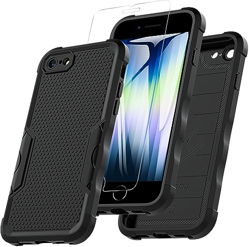 Hensinple Für iPhone SE 2020 iPhone SE 2022 Hülle iPhone 8/7, Stoßfest Rugged Hülle mit 9H Displayschutz-Glas Fallschutz Handyhülle, TPU Outdoor Case mit Kameraschutz (Schwarz)