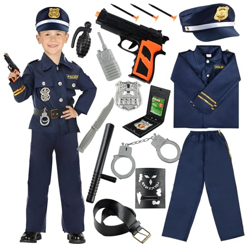Disfraz Policia Niño, Disfraz de Policia Niño Disfraz De Policía De Juego Rol con Policía Camisa Pantalones Sombrero Cinturón Policía Placa Esposas Walkie Talkie para Niños Halloween Fiesta Carnaval