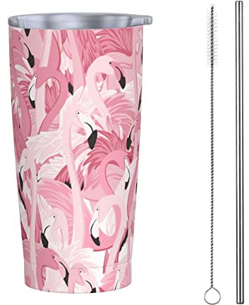 FJAUOQ Trinkbecher mit Deckel und Strohhalm, mit pinkem Flamingo, vakuumisoliert, Eiskaffeebecher, wiederverwendbar, Edelstahl, 590 ml