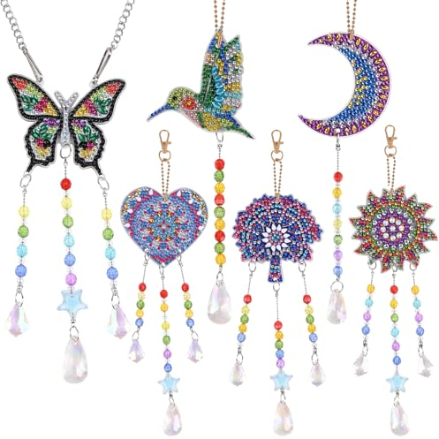 Diamond Painting Sonnenfänger, Banaone 6 Stück 5D DIY Windspiel Bastelset Kinder, Kristall Anhänger Hängender Ornament Fensterdeko, Kreatives Geschenke für 5 6 7 8 9 10 Jahre Mädchen