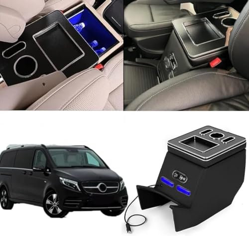 Armrest Storage Box Centre Console Compatible with Mercedes-Benz V-Class V220 V260 V250 W447, Black Gloss Leather Multivan Accessories with USB Charging Box and LED Lights