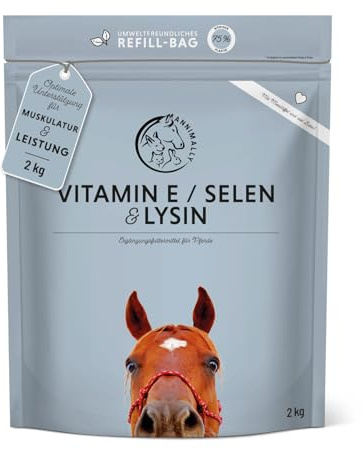 Annimally Selen, Vitamin E, Lysin Pulver für Pferde - Pferd Vitamin E, Lysin, Selen Komplex zur Unterstützung der Muskulatur & Leistung (2 kg Nachfüllpack)
