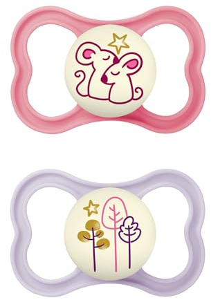 MAM Latex Air Night Soothers | 18-36 Months | Glow in The Dark Dummies | Comes in Dummy Steriliser Case | Baby Accessories | Pink (Various Designs)