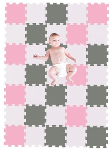 Interlocking kids play mat soft foam Baby Playmats Floor Gyms jigsaw puzzle play mats floor exercise fitness yoga crawling mat living room flooring (Pink White & Grey- 16 Pieces)