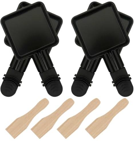 BOJIUSARL 4PCS Poelon Raclette Carré avec Revêtement anti-adhésif avec Poignée Isolée et 4 Pelle,Portable Plateau de cuisson Pour Omelette au Fromage Fondu