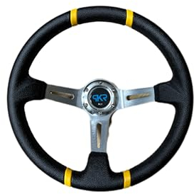 PKR VOLANTE SPORTIVO A CALICE NERO E ARGENTO CON STRISCE GIALLE SPORTIVO UNIVERSALE AUTO RALLY SPORT GARE RADUNI TUNING