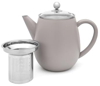 Bredemeijer graue doppelwandige Teekanne 1.1 Liter - isolierende Edelstahl Kanne mit Glasdeckel & Tee-Filter-Sieb