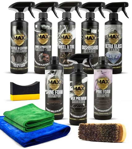 MAX DETAIL-LAB - Detailing Pack - Kit Limpieza Coche Accesorios Incluidos, Productos Limpieza Exterior e Interior, Limpia Llantas, Champu, Cera Líquida, Tapicerias, Salpicaderos, Limpiacristales