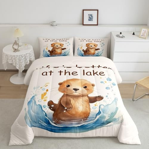 Manfei Otter Bettdecken-Set für Kinder, niedliches Tier, rustikales Bettwäsche-Set, Teenager, Jungen, Raumdekoration, Wasserfarben, Seeleben, Natur, Schmusetuch mit 1 Kissenbezug für alle