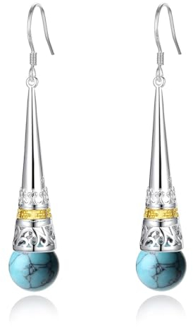 MetJakt Damen Ohrringe 925 Sterling Silber Hängend mit Perlen Vintage Antik Stil Tropfen Perlmutt Naturstein Perlen Lang Earrings für Frauen (Türkis)