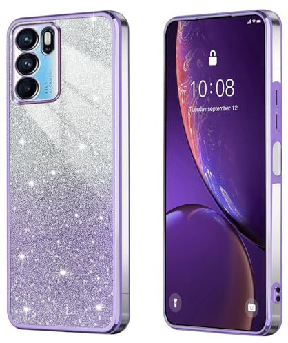 BEEJTUNY Handyhülle für Oppo A16 / A16s / A54s, Weiche und Schöne Hülle mit Glitzeraufkleber, Transparente Bumper Schutzhülle, Stilvolle Stoßfeste Hülle. Lila