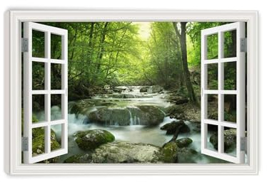 MOBYAT Wasserfall Wald Fensterblick 3D,Wasserfallfluss im Wald,Leinwand Bilder Fensterblick Wasserfall,Natur Landschafts bilder,Wandbilder Wohnzimmer80x120cm(31x47in) Rahmenlos
