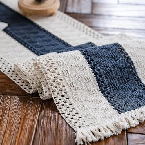 Weldomcor Blau Makramee Tischläufer Boho Baumwollflachs Tischläufer mit Quaste, Rechteckige Häkelspitze Mesh Tischdecke für Küche Vintage Bauernhaus böhmische Hochzeit Tabletop Dekor, 30x180cm