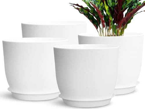 SE SUN-E 4 pezzi 20 cm fioriere per uso interno esterno Fioriere in plastica con foro di drenaggio e sottovasi Vaso da giardino moderno e decorativo, bianco
