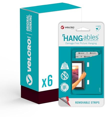 VELCRO Brand - HANGables Picture Hanging Strips - 6 Packs of 4 Sets - 76mm by 44mm Strips - Damage Free Picture Hanging for Pictures, Mirrors, Wall Décor - 4 Sets Hold 7.5kg - Hang up to 6 Pictures