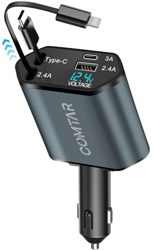 COMTAR Retractable Car Charger Adapter,100W 4 in 1 Retractable Cable and 2 USB Ports,Car Phone Charger Compatible with iPhone/iPad,Galaxy/Samsung/Android