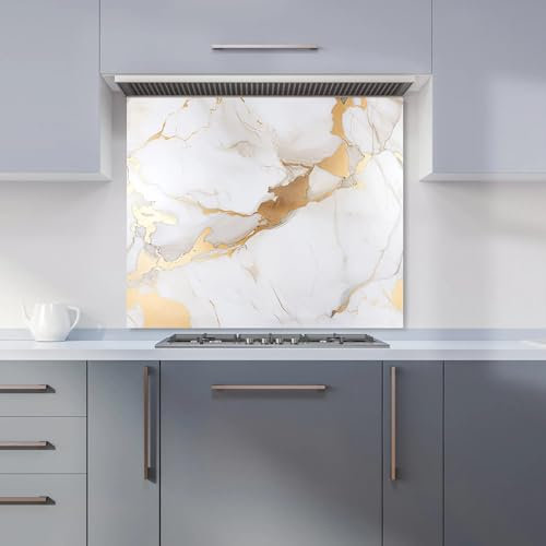 Warren Reed - Designer Premium White Marble With Gold Kitchen Splashback 6mm Toughened Glass Kitchen Splashback – Heat Resistant Splashback for Kitchens, Perfect for Cookers and Hobs, Polished Edges