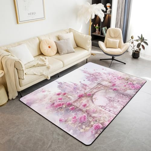 Homewish Château Tapis Salon 100x150,Tapis de Jardin Rose Romantique,Fleur de Rêve Vintage Tapis Intérieur et Extérieur Chambre Salon,Rose Blanc Palais Amour Lavable Tapis Décoratif