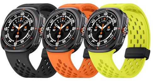 NotoCity Bracelet pour Samsung Galaxy Watch Ultra, Bracelet en Silicone pour Galaxy Watch Ultra 47mm pour Hommes Femmes, Magnétique Réglable Bracelets Souple et Respirante(Noir+Jaune fluo+L'orange)