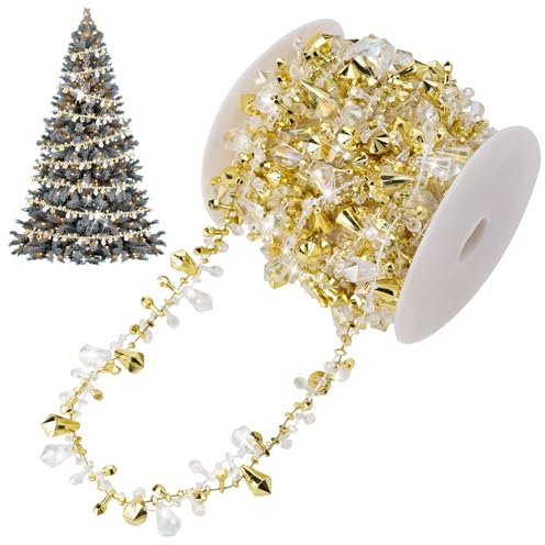 5M Crystal Christmas Garland, Shiny Christmas Tree Decorations Twist Bead String for Christmas Party Decoration Wedding DIY Craft Xmas Hanging Ornaments, Gold & Clear