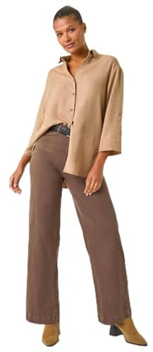 Roman Shirt for Women Ladies Cotton Blouse Button Through Tunic Printed Top Work Long Sleeve Smart Casual Going Out Work Office V Neck Everyday Evening Event - Camel - Size 18