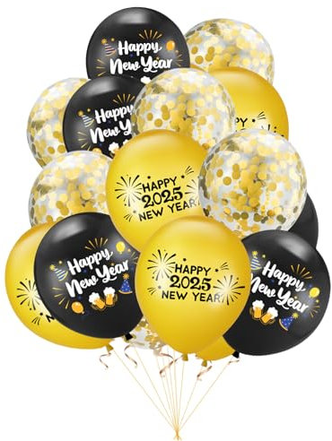 15 Pcs Silvester Deko 2025 Luftballons,Happy New Year Ballons,Neujahrsdeko Party Dekoration,Band Luftballon Balloons,2025 New Years Eve Party Set Schwarz Gold Ballon,für Silvester Tischdeko Dekoration