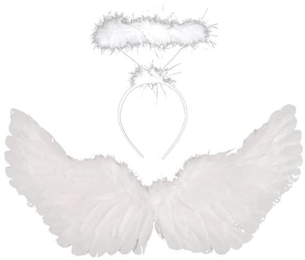 AWAVM 2pcs blanco alas de ángel y accesorios de ángel, blanco conjunto de alas de ángel y aureola, alas de ángel blancas alas de ángel, alas de ángel y conjunto de halo para disfraces de Halloween