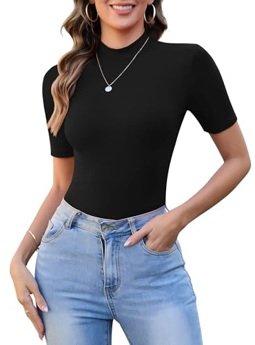 SHAPERIN Femme Haut à Col Roulé T-Shirt Manches Courtes Chemise Décontractée avec Col Montant Tops Coupe Ajustée Slim Fit Tee Top