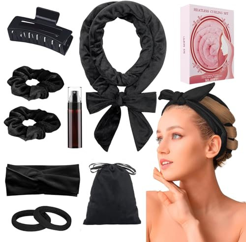 Lockenwickler ohne hitze, Lockenwickler über nacht,Locken Ohne Hitze, Heatless Curls Band Velvet Overnight with Hairpin Non-Slip, Overnight DIY Hair Curler No Hea Set(Schwarz)