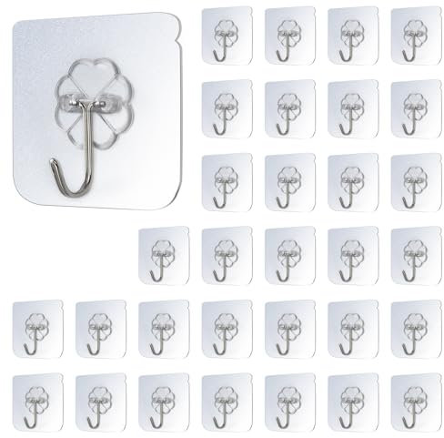 AMANDELIZABE 32 Stück selbstklebende Haken transparent - Klebehaken extra-stark, hohe Tragkraft - 180° drehbare Klebehaken Decke oder Wand, unauffällig, ideal für Küche, Bad, Deko
