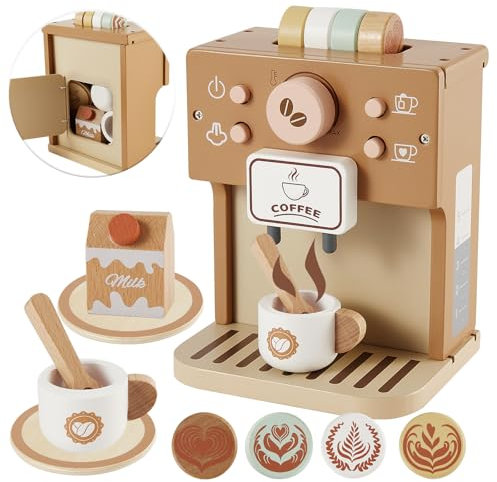 Buyger Utensilios de Cocina de Madera, Cafetera Madera Juguete Niños, Juego de rol de Barista, Juguete de Té, Regalos de Cumpleaños para Niños Niñas 3 4 5 Años