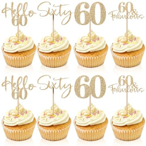 24PCS 60th Anniversary Cupcake Toppers Gold Glitter 60 th Birthday Cupcake Picks for 60th Birthday and Wedding Anniversary Cake Party Decoration Celebrating the Golden Wedding Party