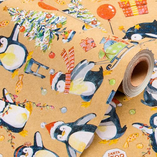 Wikadlik Kraft Weihnachts-Geschenkpapier – 43 cm x 10 m Brauner Schneemann, Pinguin, Zuckerstange, Geschenkpapier für festliche DIY-Basteleien