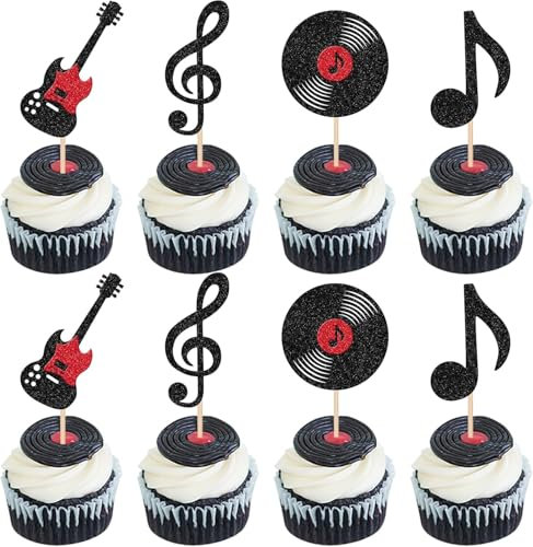 SYKYCTCY 24 Pack Music Notes Cupcake Toppers Black Glitter Musical Symbol Cupcake Picks for Rock Music Concert Theme Baby Shower Wedding Birthday Party Cake Decorations Supplies