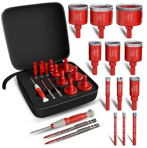 METOTY 15 Stück-Diamant Lochsägen Bohrer Set (6-50mm) ，Gezahnte-Kernbohrer für Keramik, Glas, Fliesen, Marmor| EVA-Positionierer & harte Aufbewahrungstasche | Trocken/Nass-Dual-Use