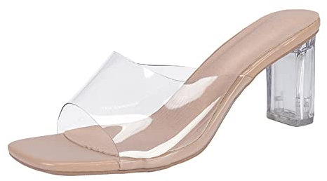 Sandali trasparenti a blocchi grossi da donna con cinturino trasparente, scarpe da passeggio sexy, senza lacci, punta aperta, sandali con tacco alto, pantofole leggere, Beige, 39.5 EU
