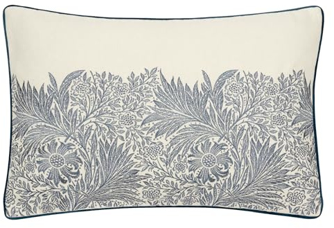 Morris&Co. Marigold Feather Rich Filled Cushion – Embroidered Floral Design Pillow with Velvet Piping (Indigo - 40x60cm)