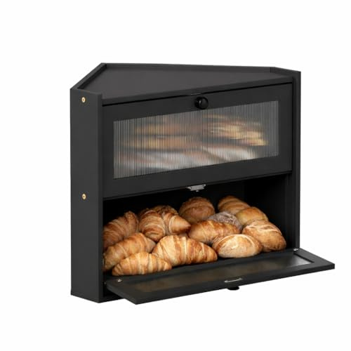 EffiQ-Rate Caja de pan de 2 niveles, gabinete de almacenamiento de pan de madera de bambú natural con ventana para encimera de cocina, ahorro de espacio, soporte de pan hecho a mano para panadería