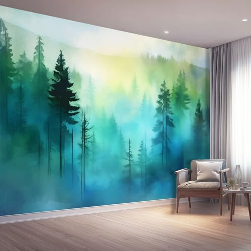 Photo Wallpaper WaterColorful Pine Trees Mountains Large Home Decor - 200 x 140 cm Living Room Bedroom Theme Hotel Warm Papel Mural, Blue-Green Tv Background Art Home Wall Mural