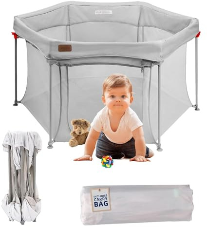 YUMBOT Baby Laufstall Faltbar,Laufgitter baby Tragbar,Laufstall für Apartment,Sechseckiger Kinder laufgitter,Kleines Laufstall mit atmungsaktivem Netz,Bällebad,Laufgitterzelt für Kinder 135x135cm,Grau